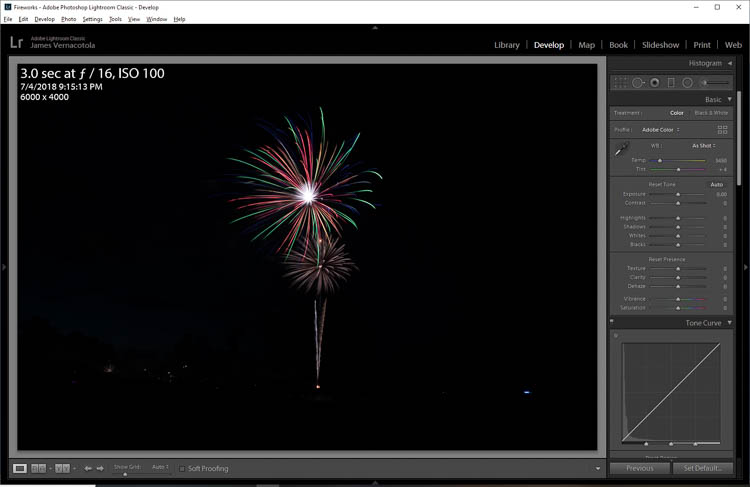 editing a fireworks photo in lightroom