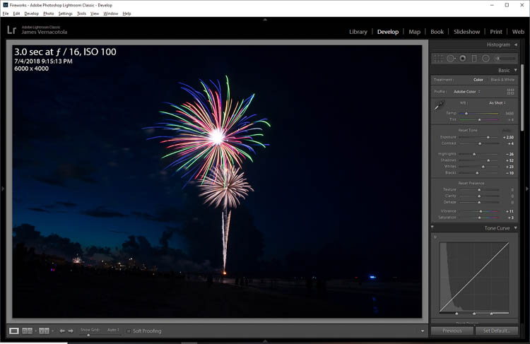 editing a fireworks photo in lightroom