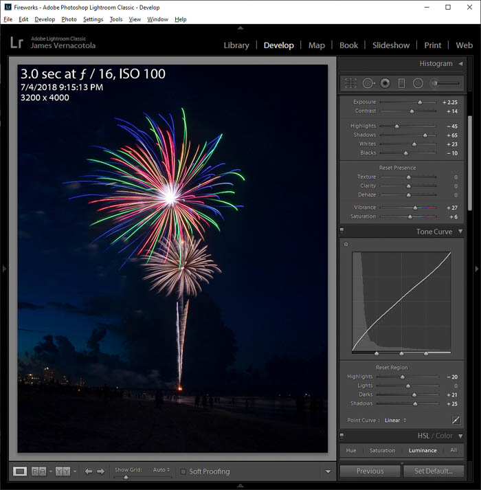 editing a fireworks photo in lightroom