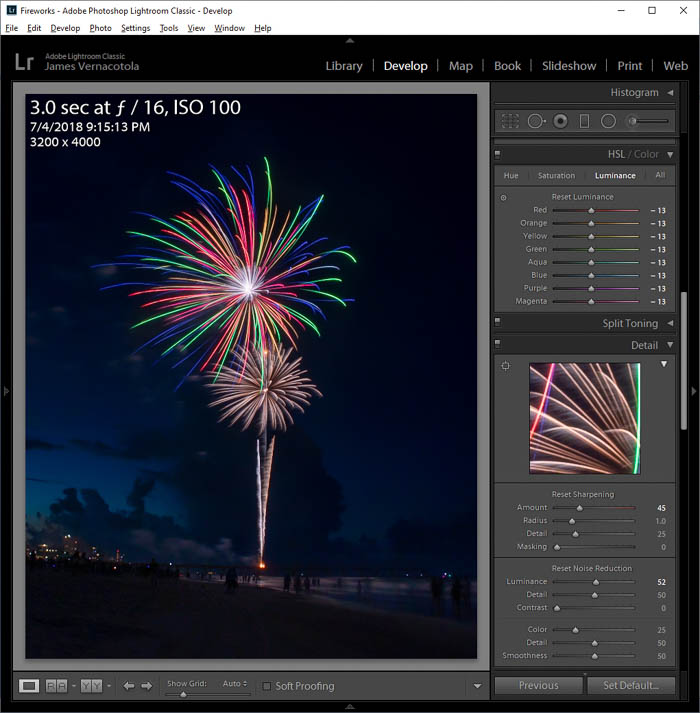 editing a fireworks photo in lightroom