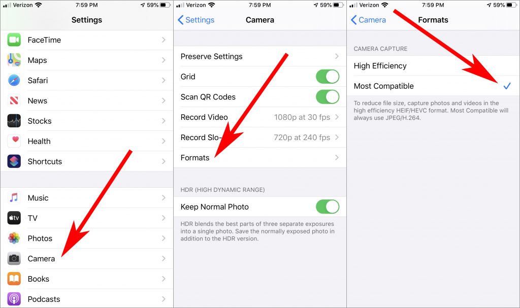 settings to switch iphone photos from heic to jpg and solve "the device is unreachable" error